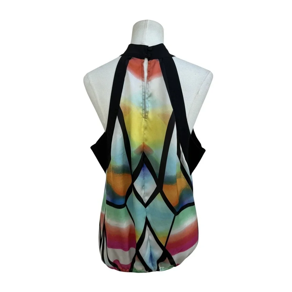 Bisou Bisou XL Colorful Geometric Print Halter Top Sleeveless Mock Neck Blouse